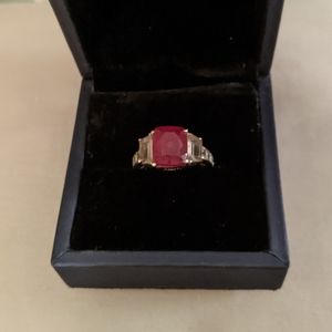 Genuine mined in Africa Ruby Ring with White Topaz baguette Accents, Size 8